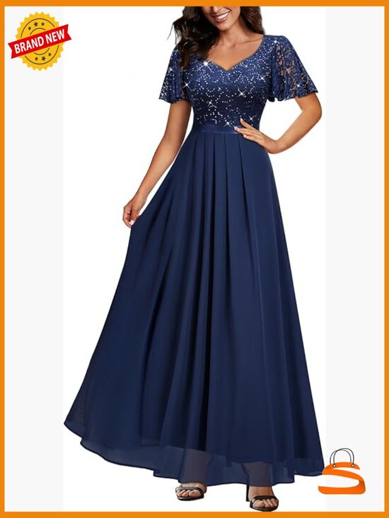 Dresses & Skirts - Retro V-Neck Ruffle Sleeve Sequined Lace Bridesmaid Party Maxi Dress